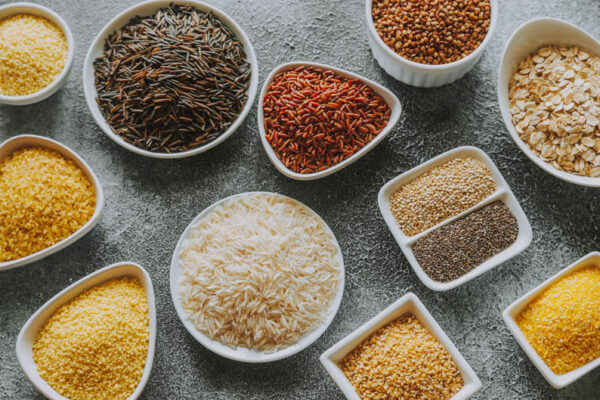 Assortment of grains on the gray background