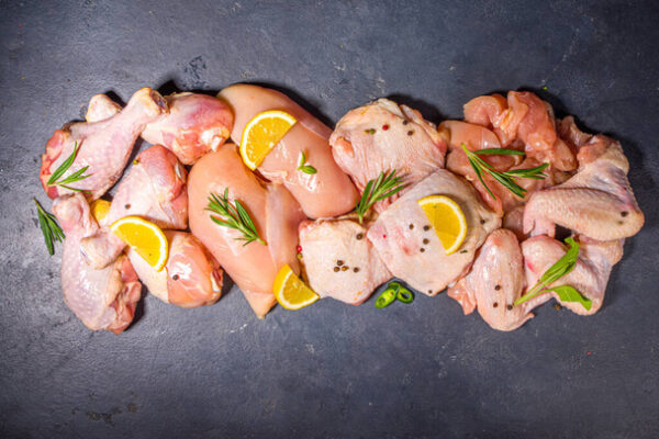 Various raw chicken meat portions. Set of uncooked chicken fillet, thigh, wings, strips and legs on black cooking table background with spices